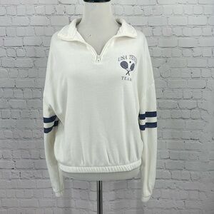 USA Tennis Team Greyson Threads Fleece White Half Zip Cropped Elastic Pullover S